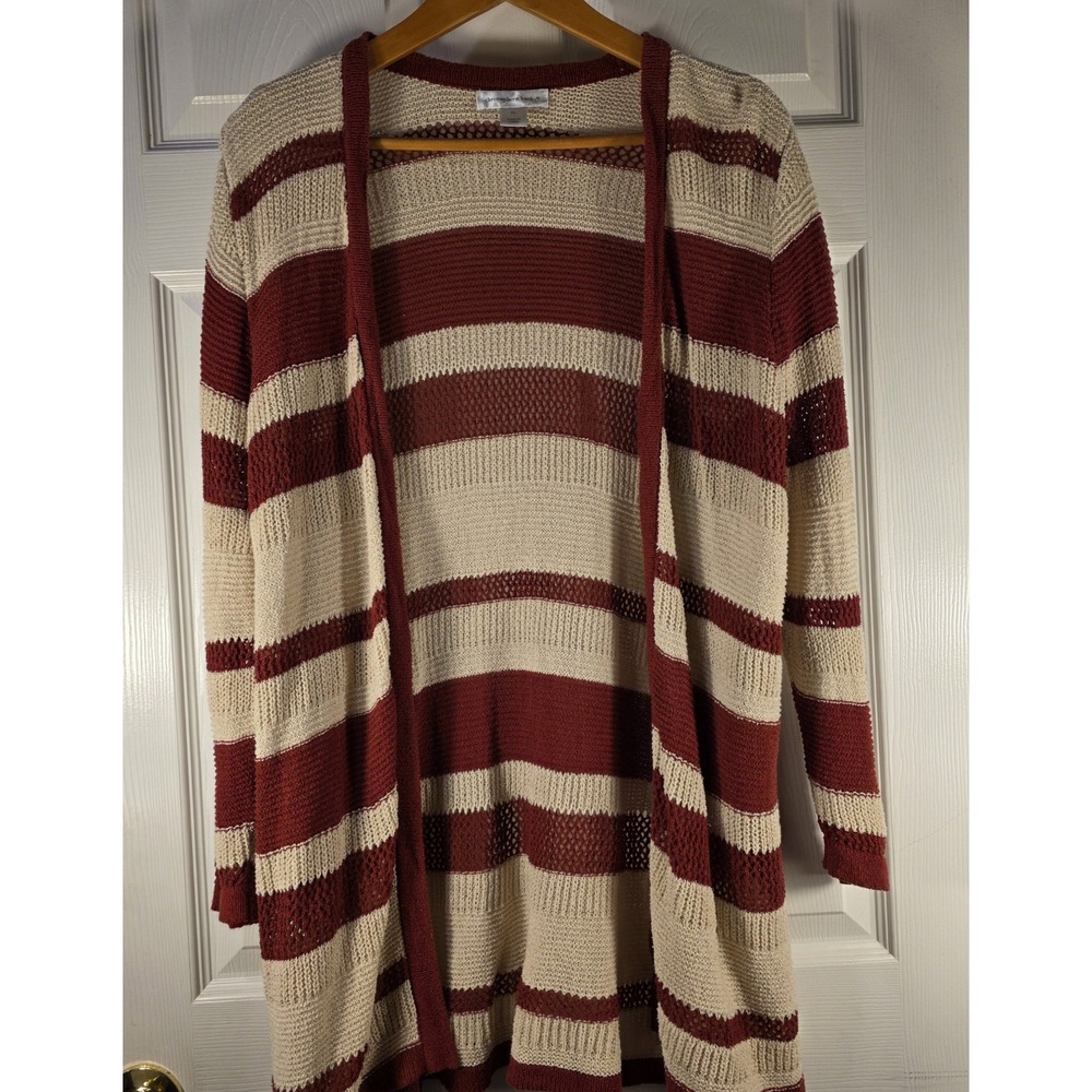 Christopher Banks XL Long Sleeve Open  Front Rustic Brown Beige Striped Cardigan